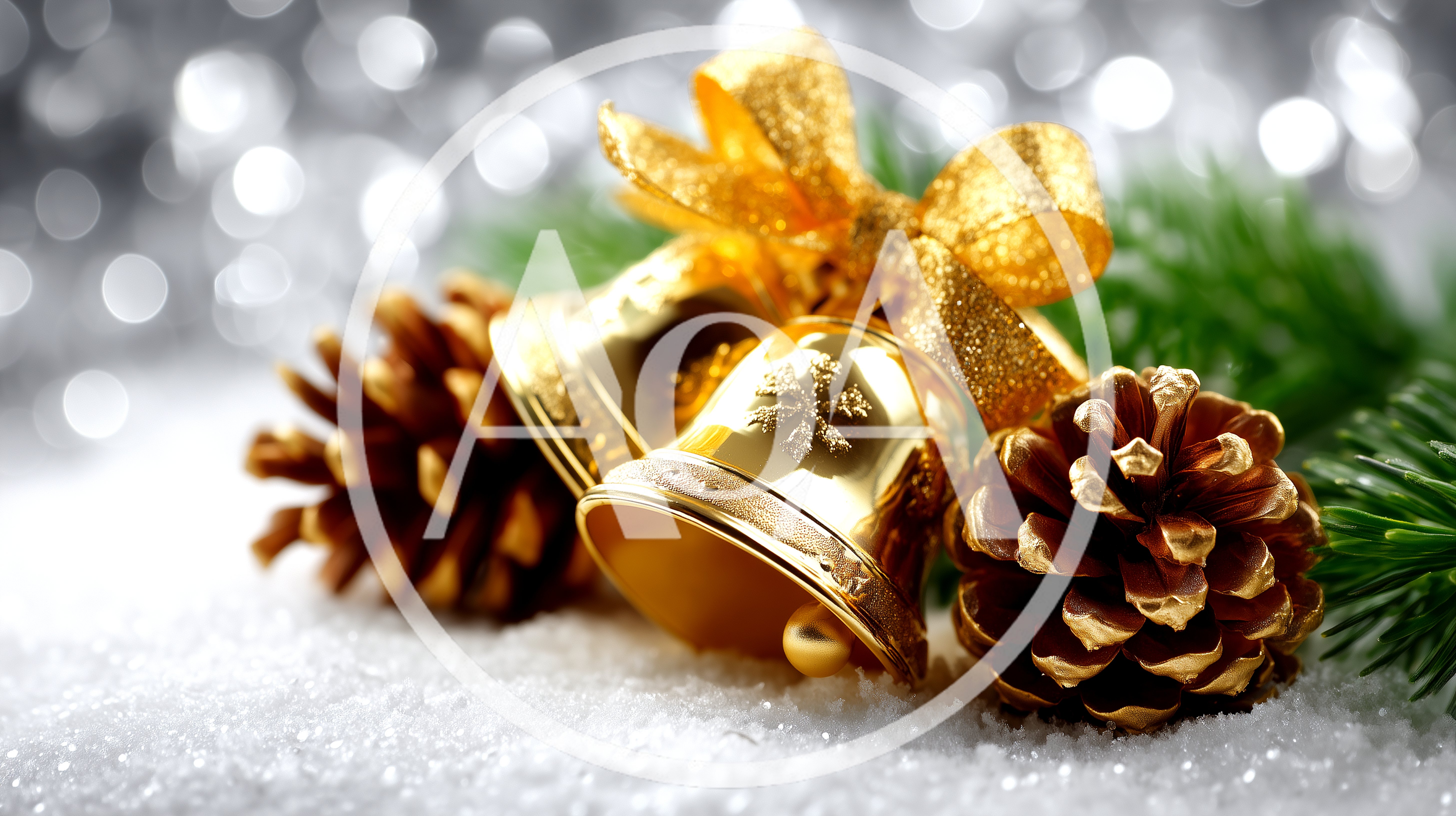 Golden Christmas Bells With Pine Cones On Snow