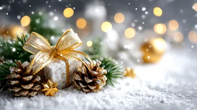 Christmas Gift Box With Gold Ribbon And Pinecones