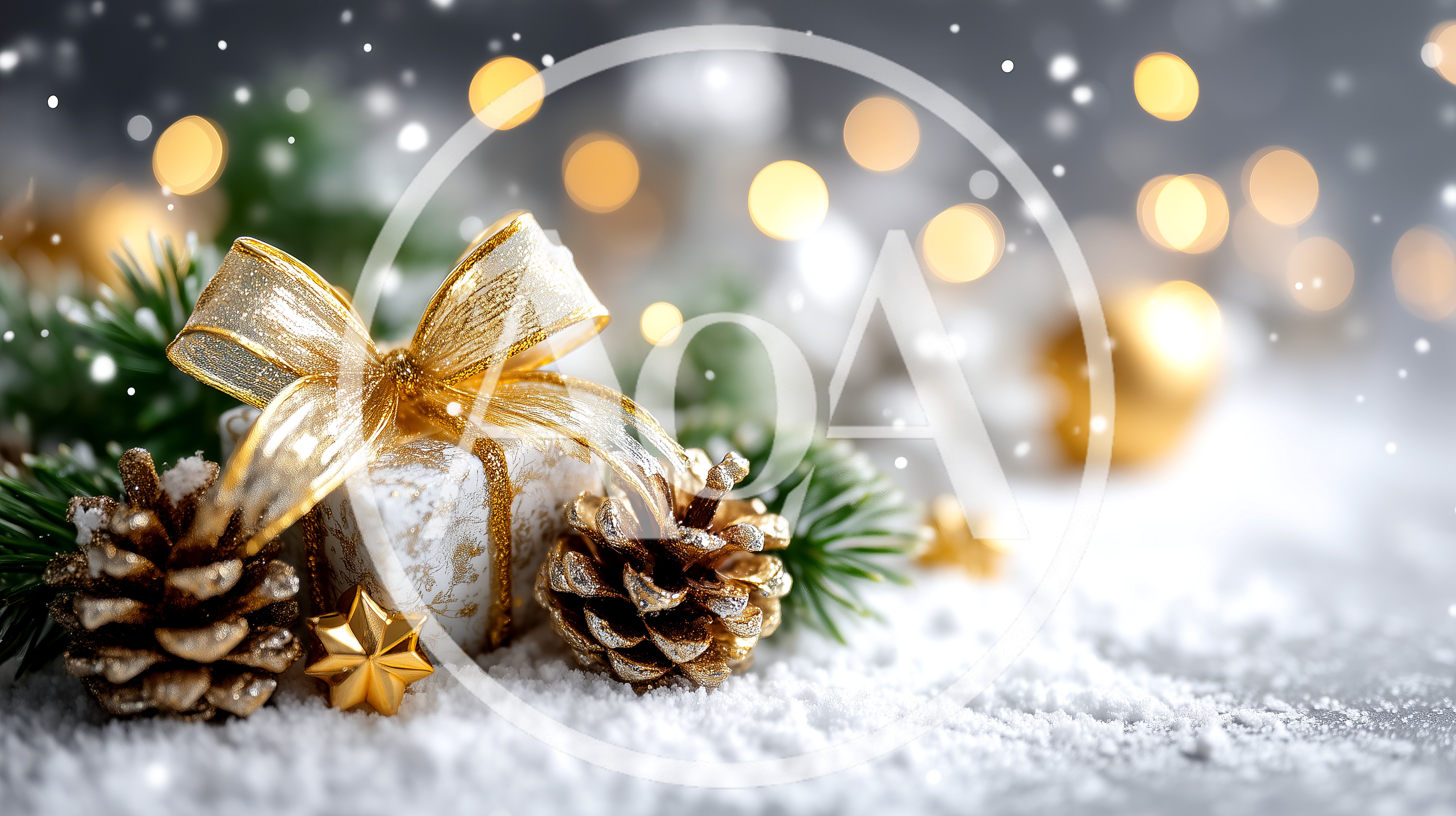 Christmas Gift Box With Gold Ribbon And Pinecones