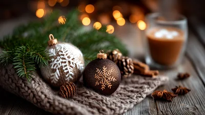 Christmas Ornaments With Pine Branches And Hot Cocoa
