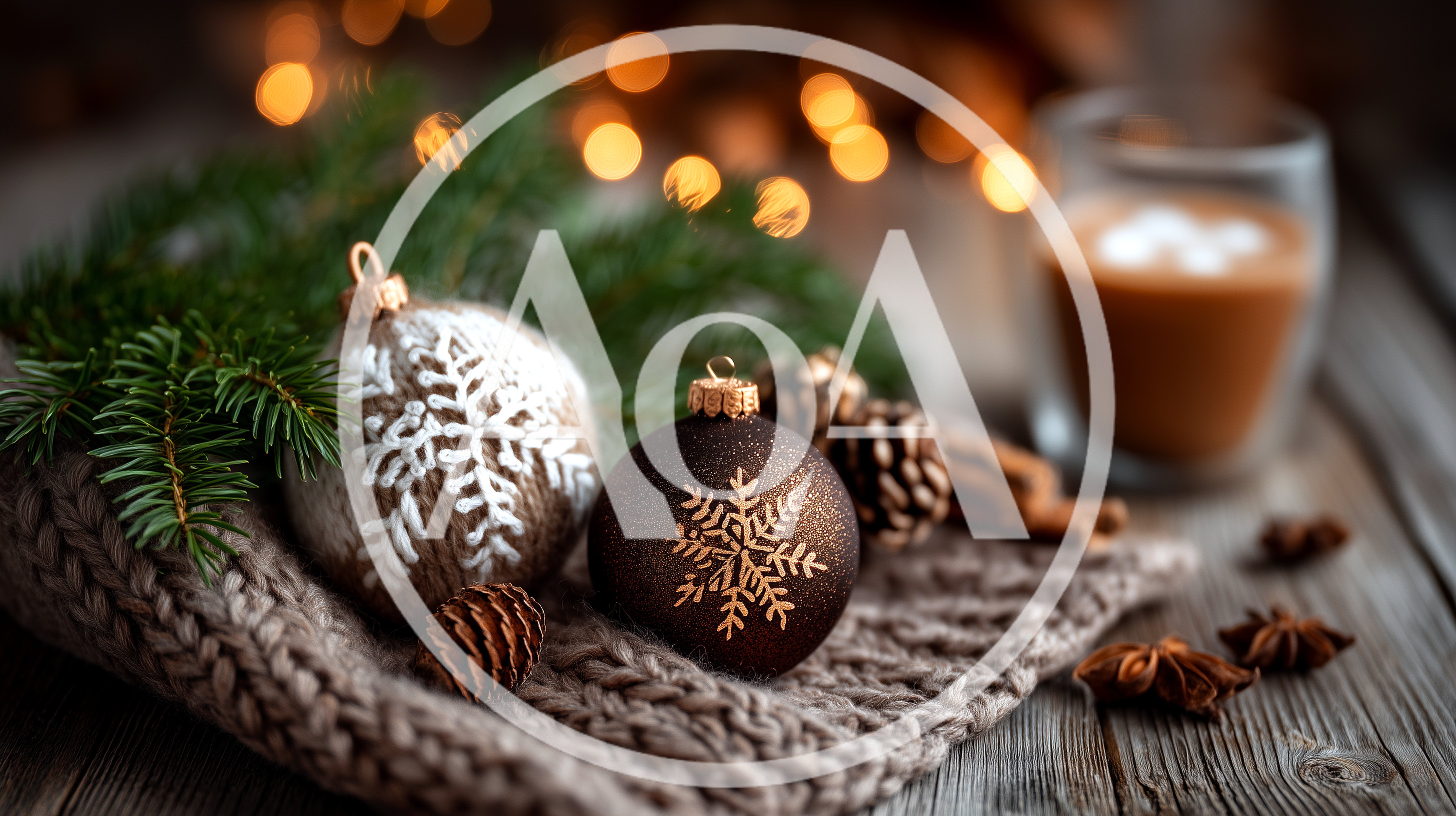 Christmas Ornaments With Pine Branches And Hot Cocoa