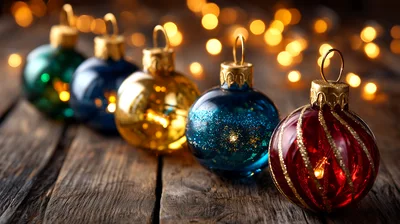 Five Colorful Christmas Ornaments On Rustic Wooden Surface