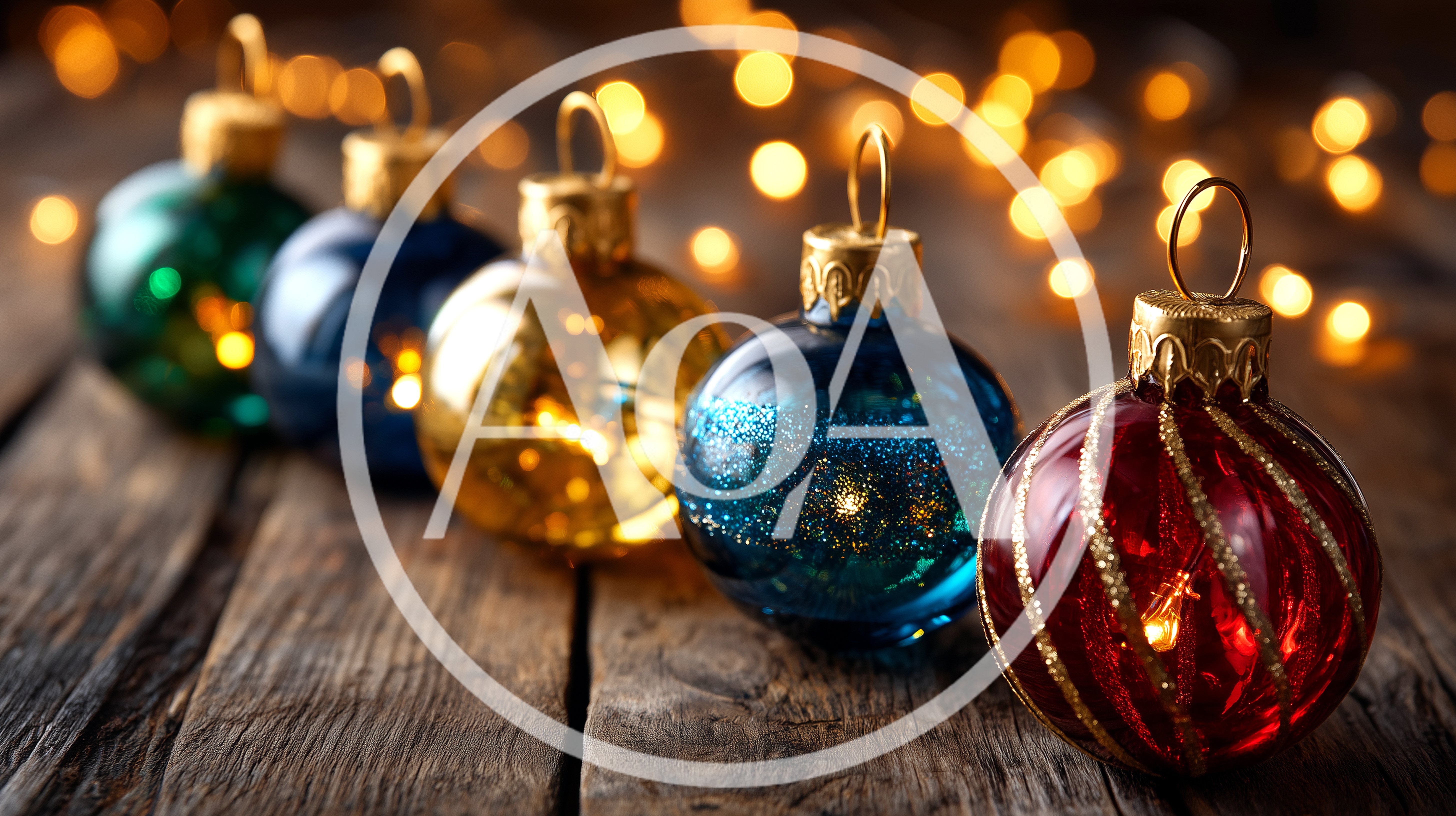 Five Colorful Christmas Ornaments On Rustic Wooden Surface