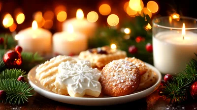 Christmas Cookies On A Plate With Candles