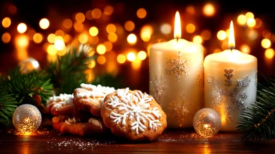 Christmas Cookies And Lit Candles With Festive Decor