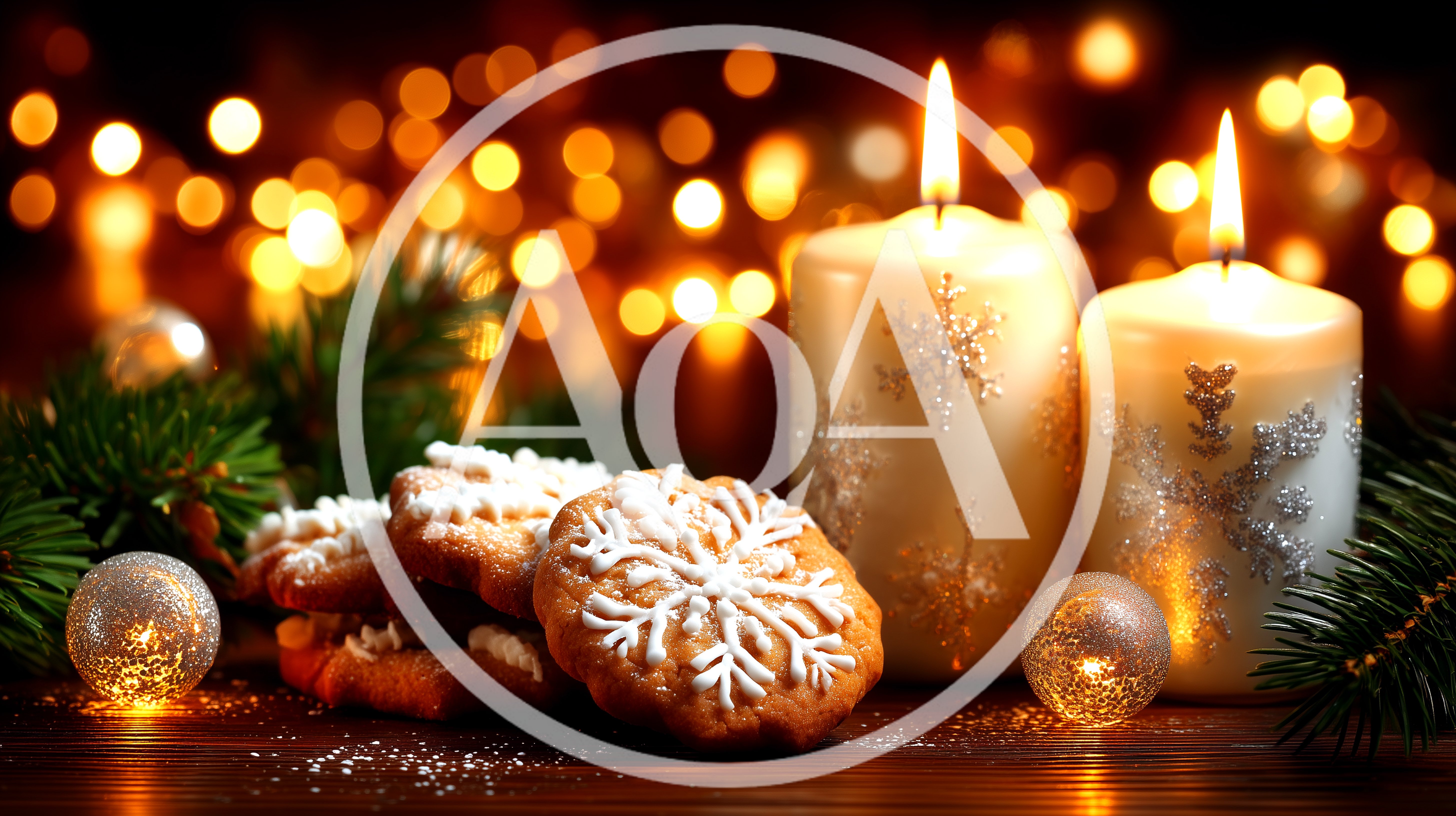 Christmas Cookies And Lit Candles With Festive Decor