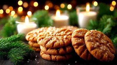 Stack Of Peanut Butter Cookies With Christmas Candles