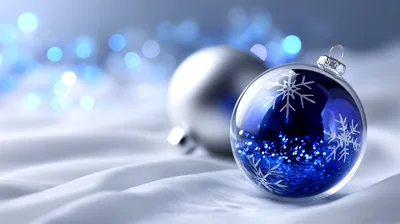 Blue And Silver Christmas Ornaments On White Fabric