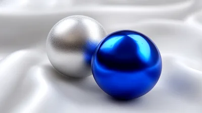 Silver and Blue Spheres on White Silk Fabric