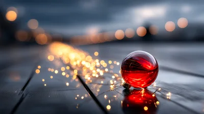 Red Christmas Ornament With Fairy Lights On Wooden Surface