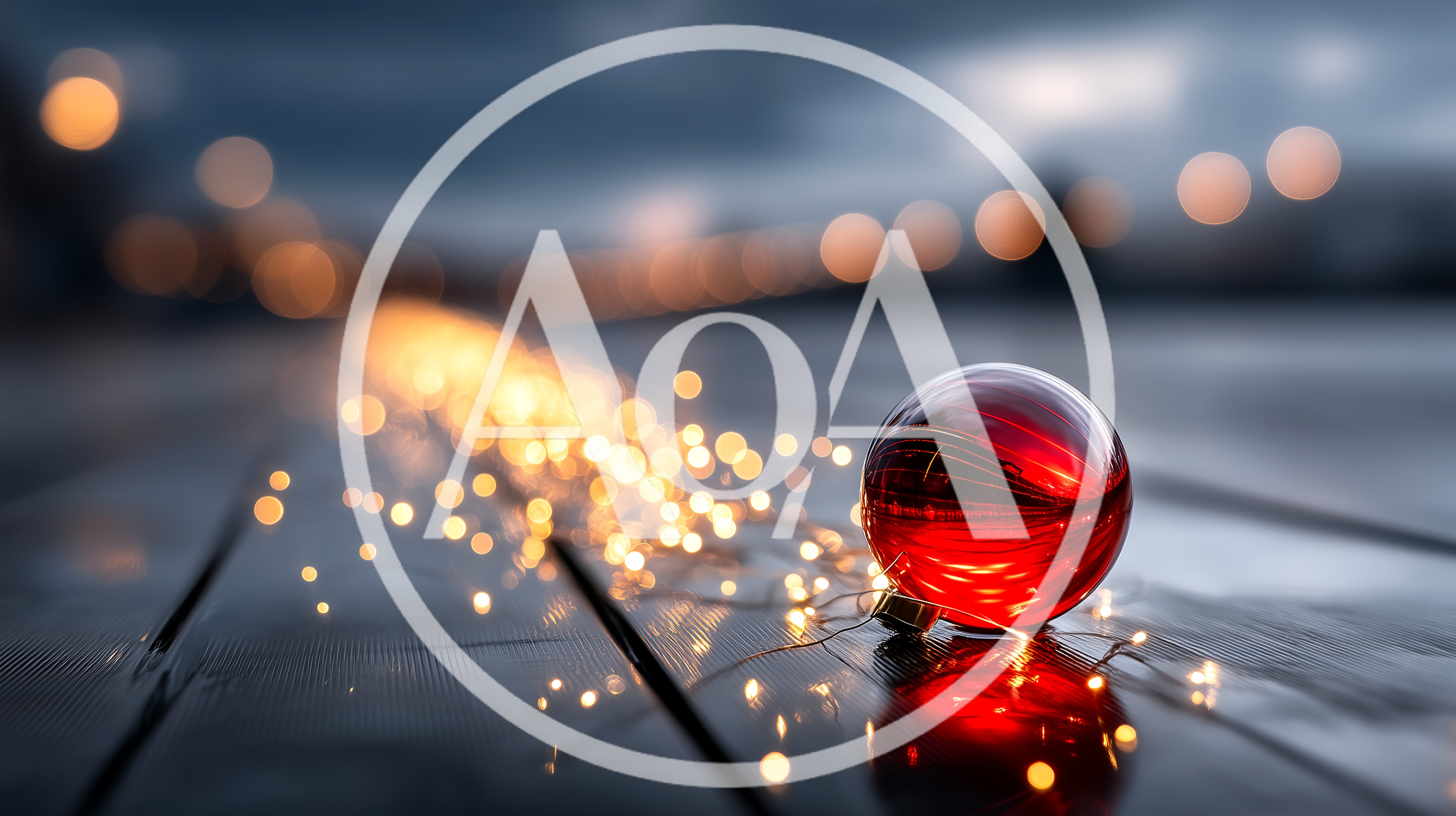 Red Christmas Ornament With Fairy Lights On Wooden Surface