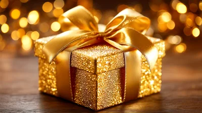 Golden Glittering Gift Box With Satin Ribbon