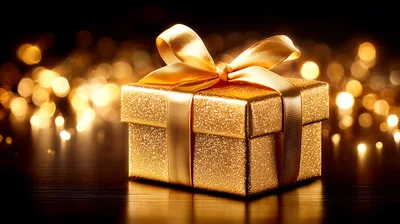 Golden Gift Box With Ribbon On Dark Background