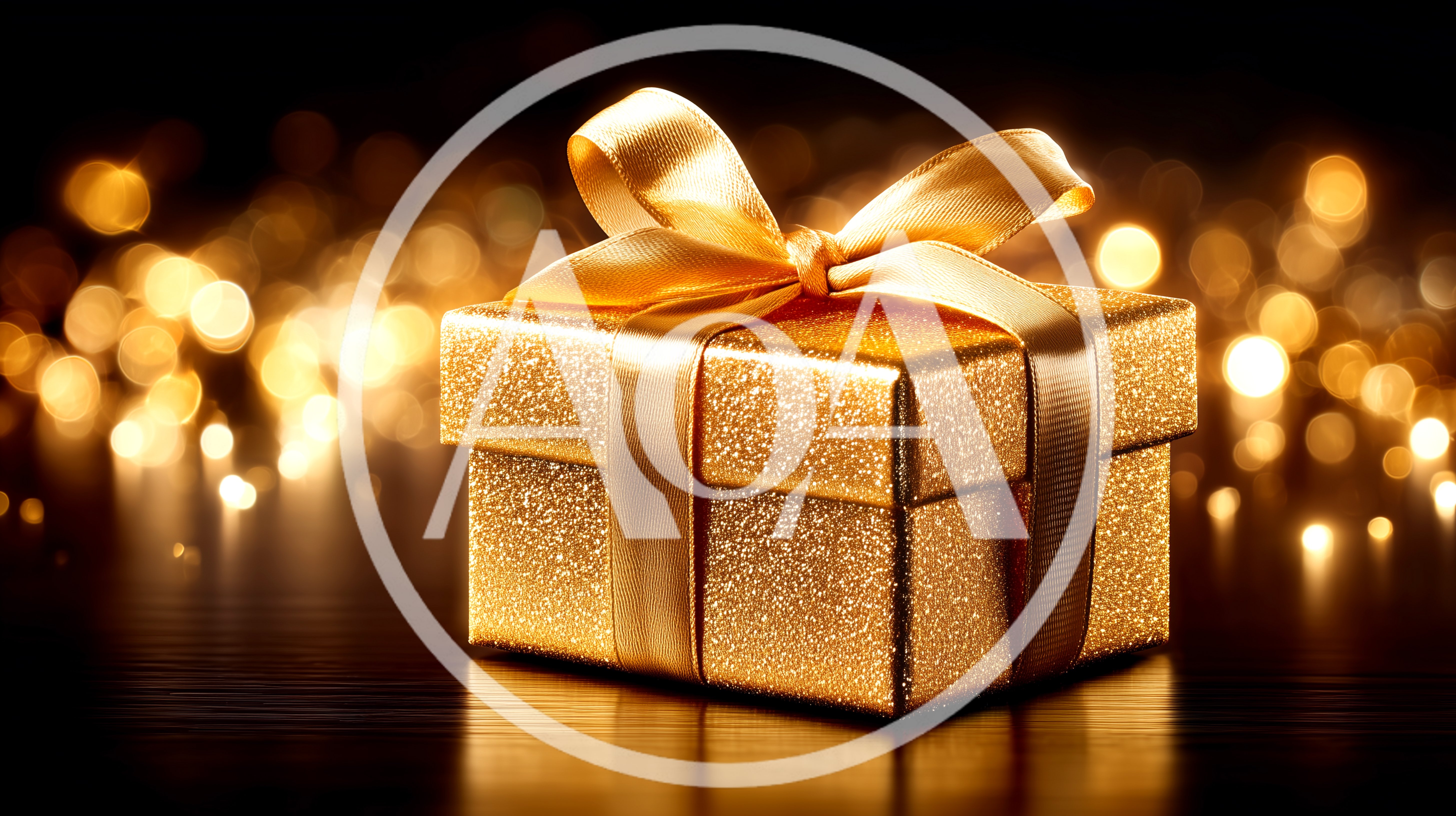 Golden Gift Box With Ribbon On Dark Background