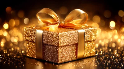 Golden Glittering Gift Box With Ribbon