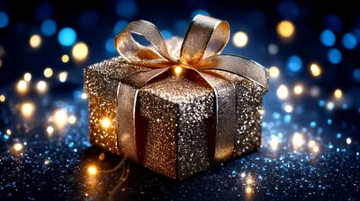 Golden Glitter Gift Box With Festive Bokeh Background