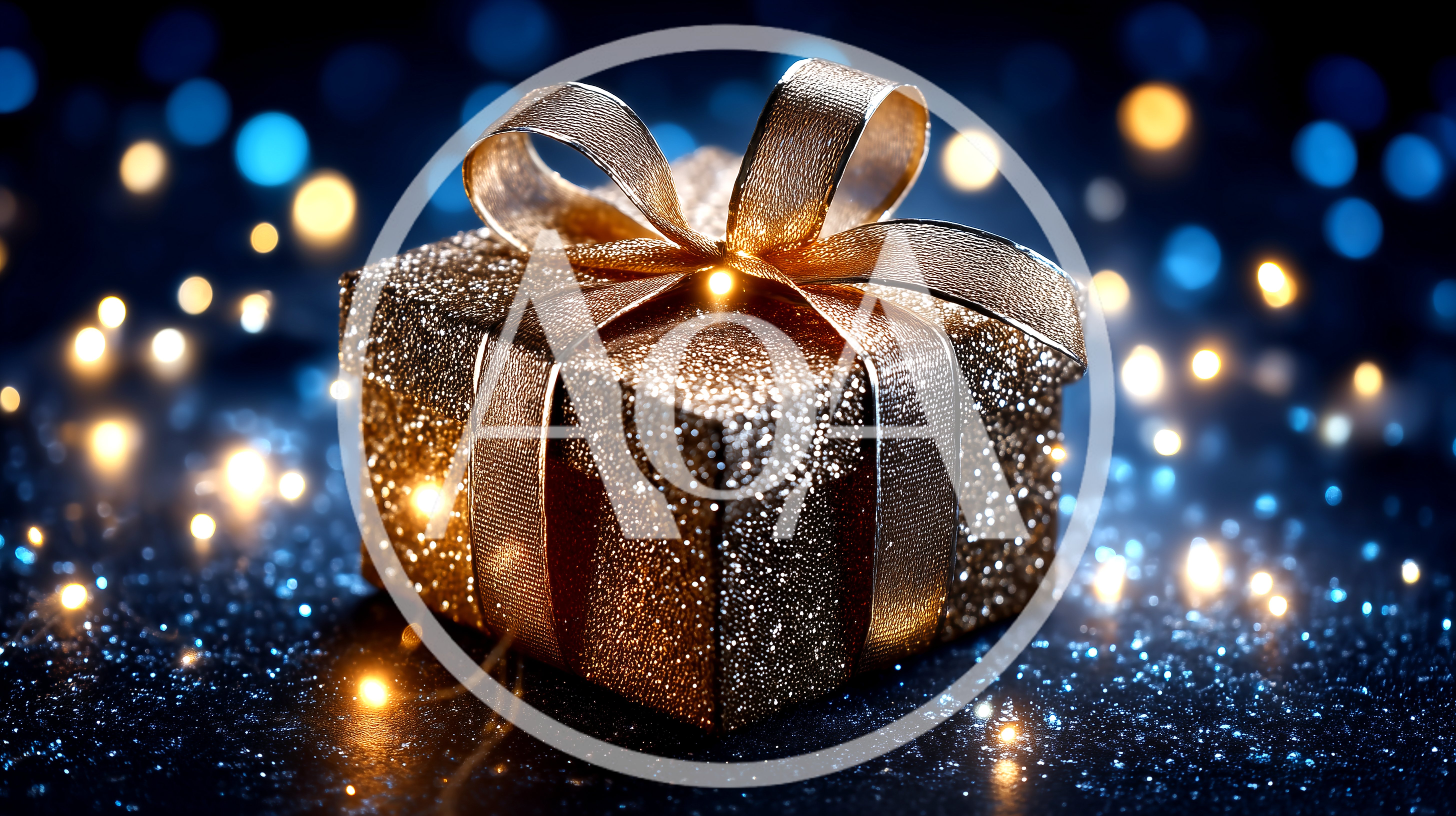 Golden Glitter Gift Box With Festive Bokeh Background
