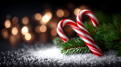 Two Candy Canes Resting On Pine Branches In Snow