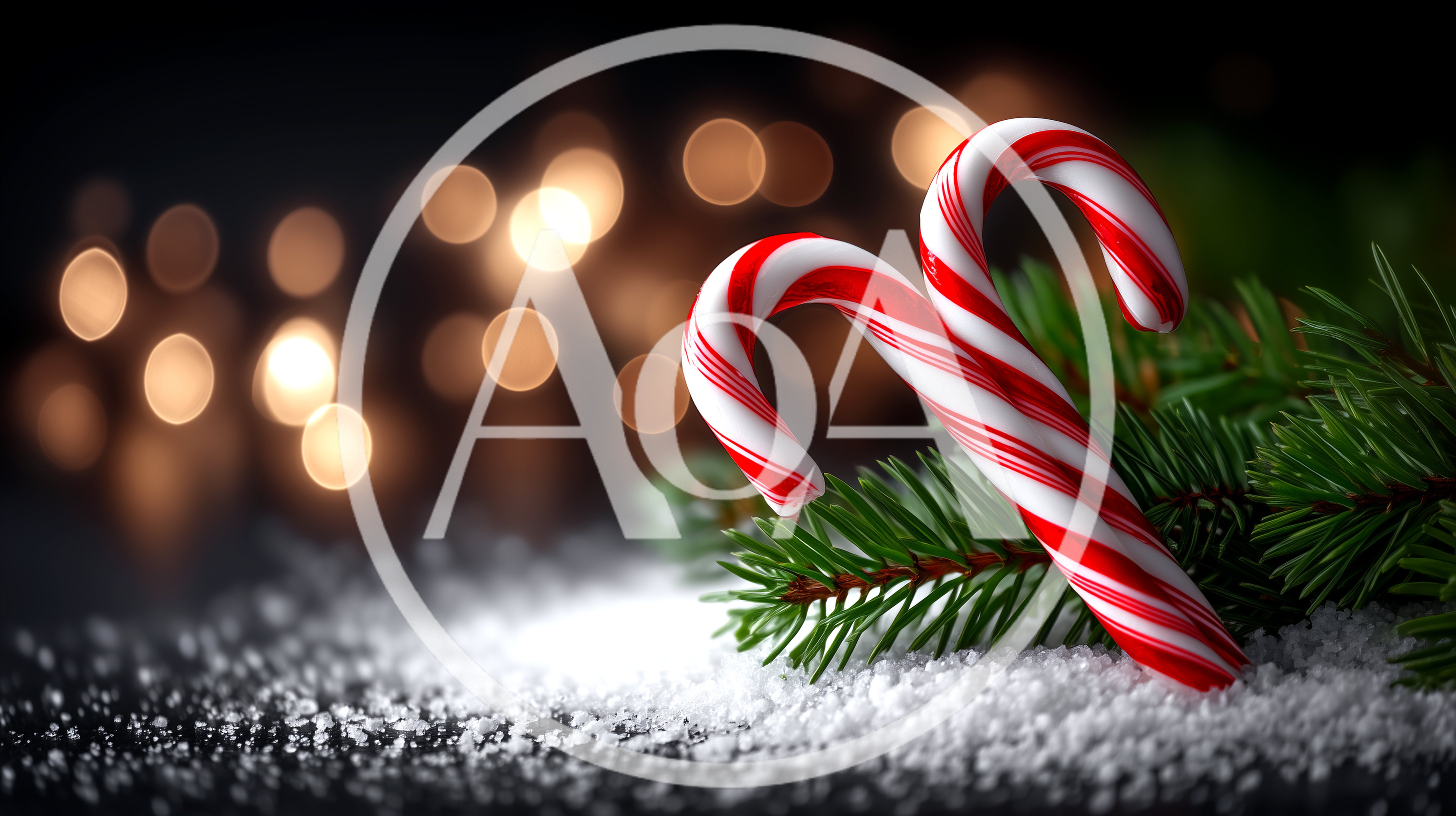 Two Candy Canes Resting On Pine Branches In Snow