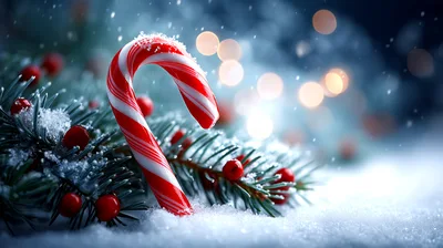 Candy Cane Resting On Snowy Pine Branches