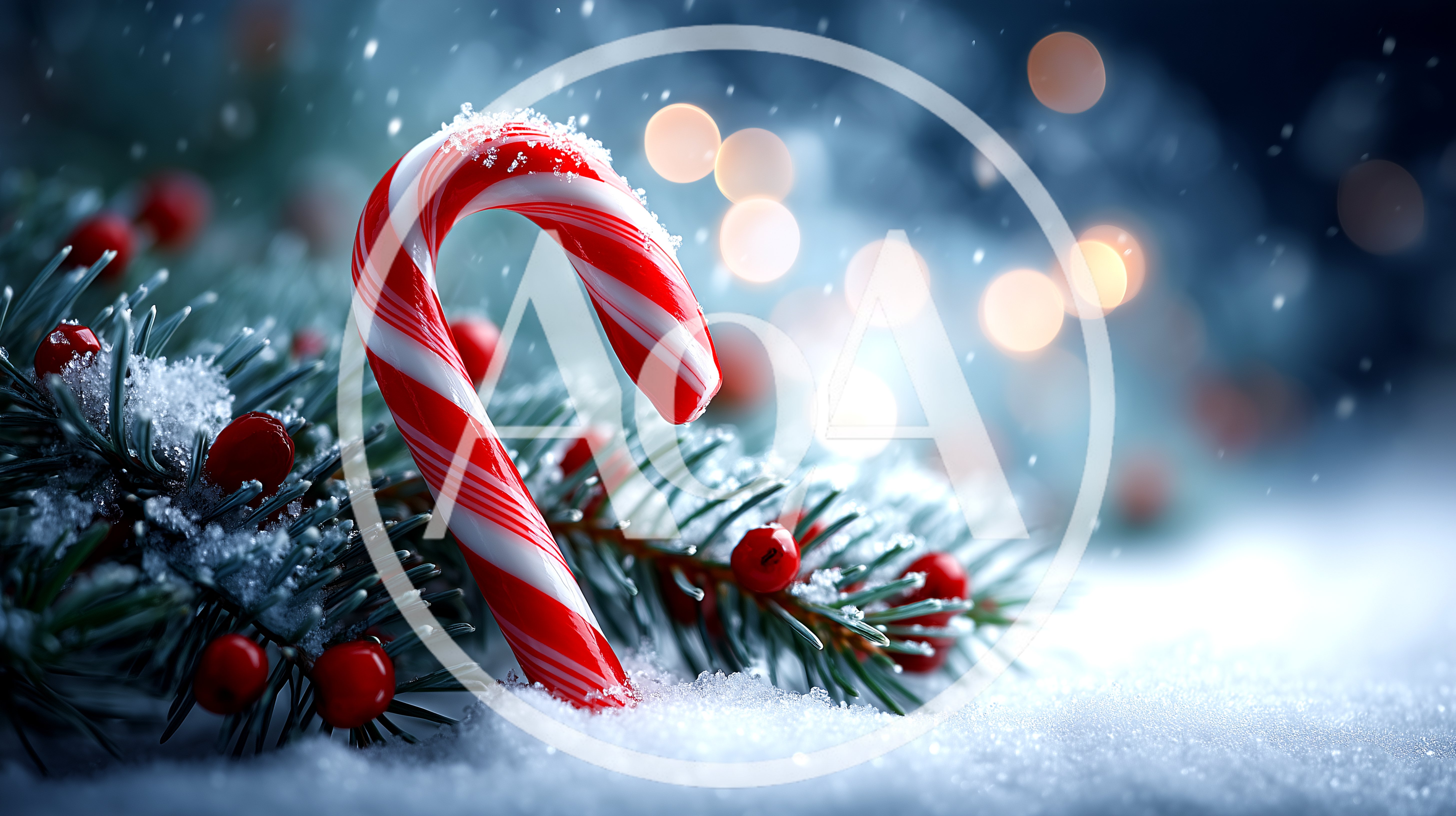 Candy Cane Resting On Snowy Pine Branches