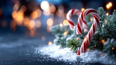Two Candy Canes Resting In Snowy Pine Branches