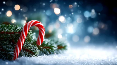 Candy Cane Resting On Snowy Pine Branches