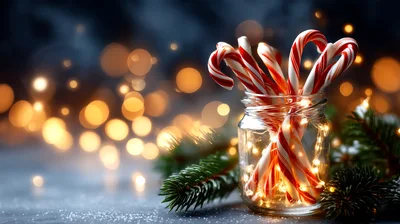 Candy Canes In A Glass Jar With Christmas Lights
