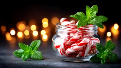 Peppermint Candy Canes In Glass Jar With Fresh Mint
