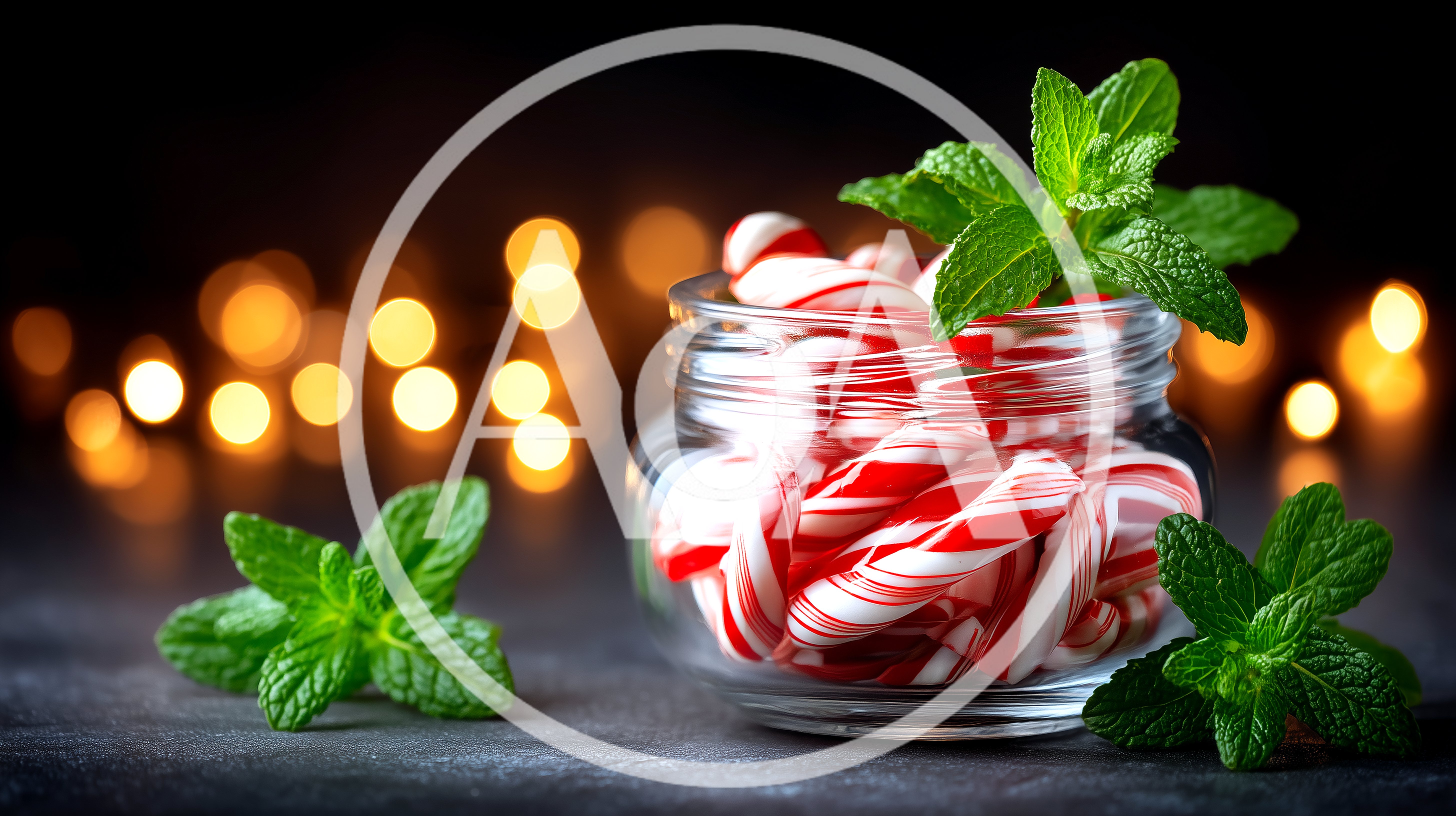 Peppermint Candy Canes In Glass Jar With Fresh Mint