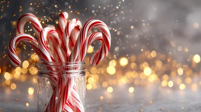 Candy Canes In A Glass Jar With Bokeh Lights