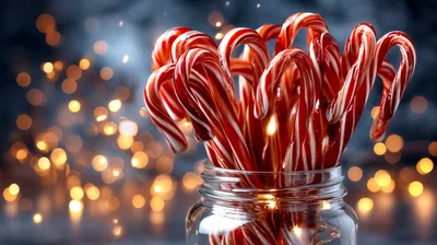 Candy Canes In A Glass Jar With Bokeh Lights