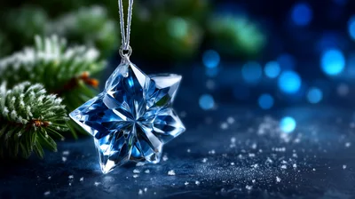Crystal Star Ornament Hanging Against Snowy Pine Background