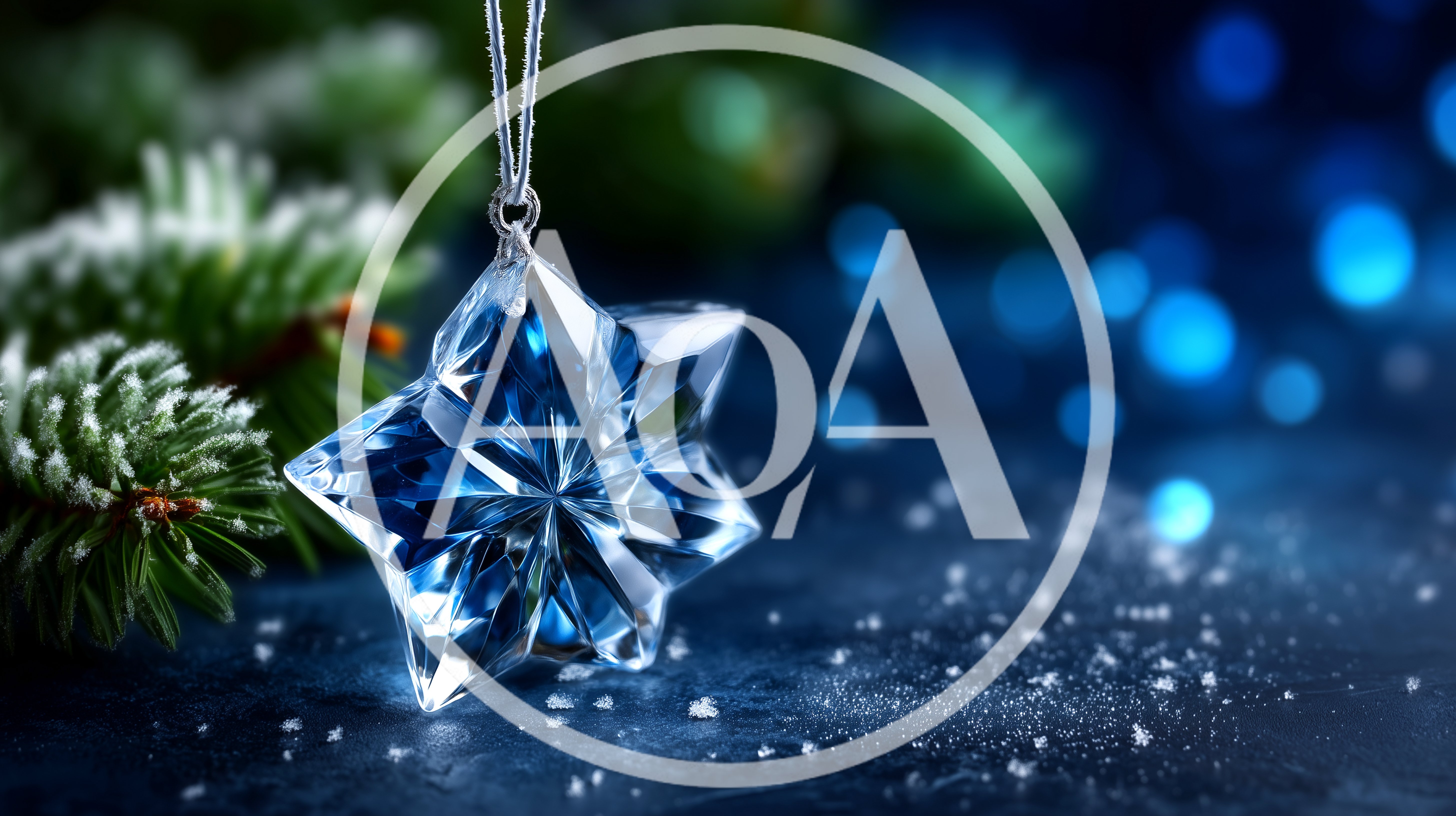 Crystal Star Ornament Hanging Against Snowy Pine Background