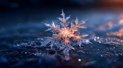Macro Shot Of A Glowing Snowflake On Dark Surface