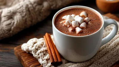 Hot Chocolate With Marshmallows And Cinnamon Sticks