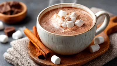Hot Chocolate With Marshmallows And Cinnamon Sticks
