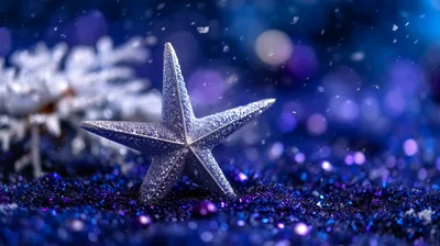 Silver Star Ornament On Glittering Blue Surface