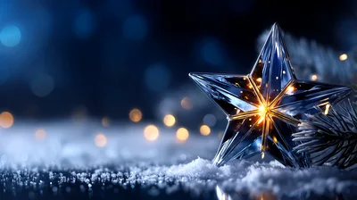 Glowing Crystal Christmas Star Ornament On Snowy Surface