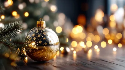 Golden Christmas Ornament On Wooden Surface With Bokeh Lights