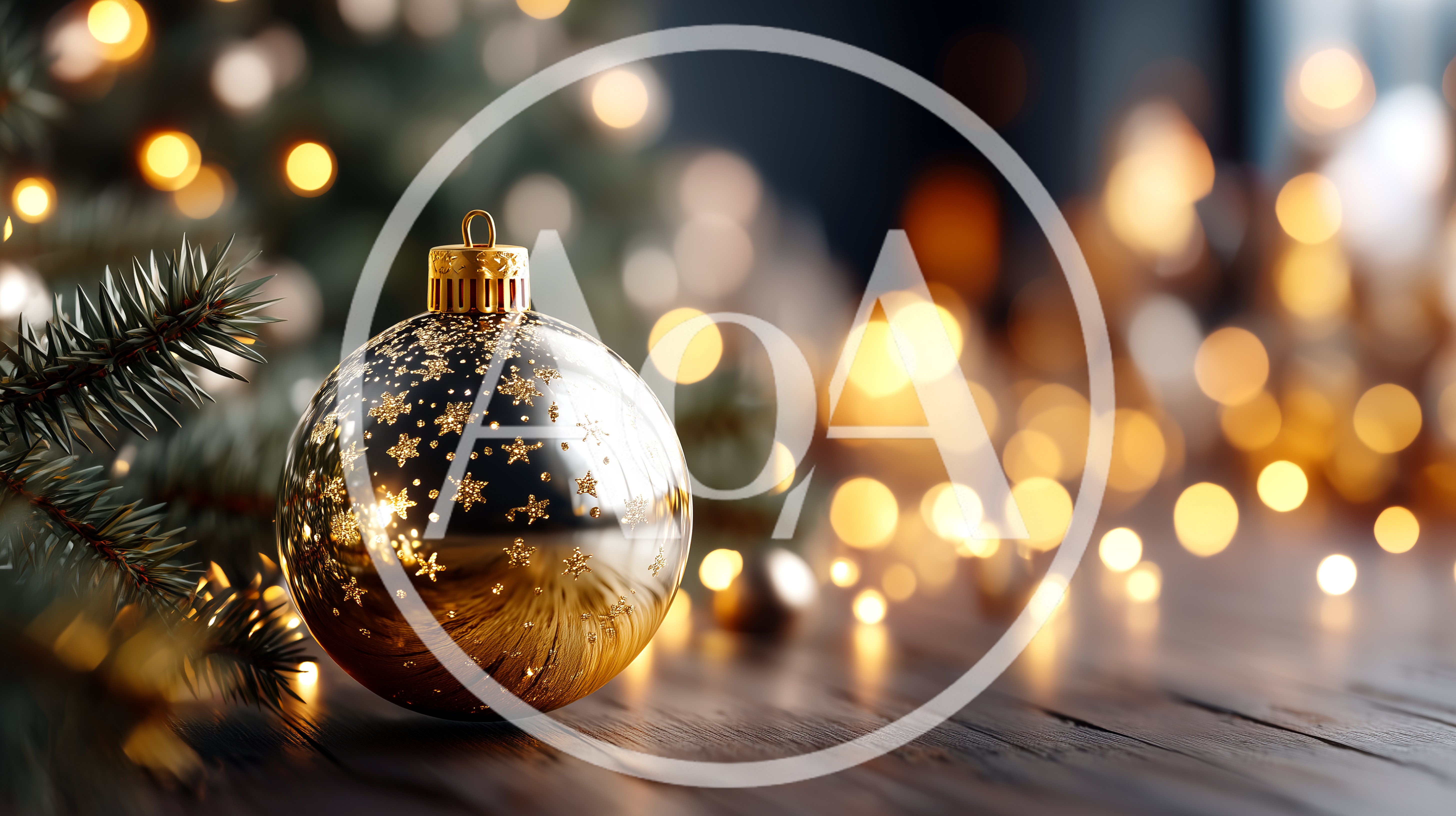 Golden Christmas Ornament On Wooden Surface With Bokeh Lights
