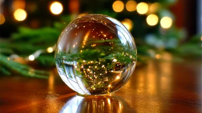Crystal Ball Reflecting Christmas Lights and Pine Branches