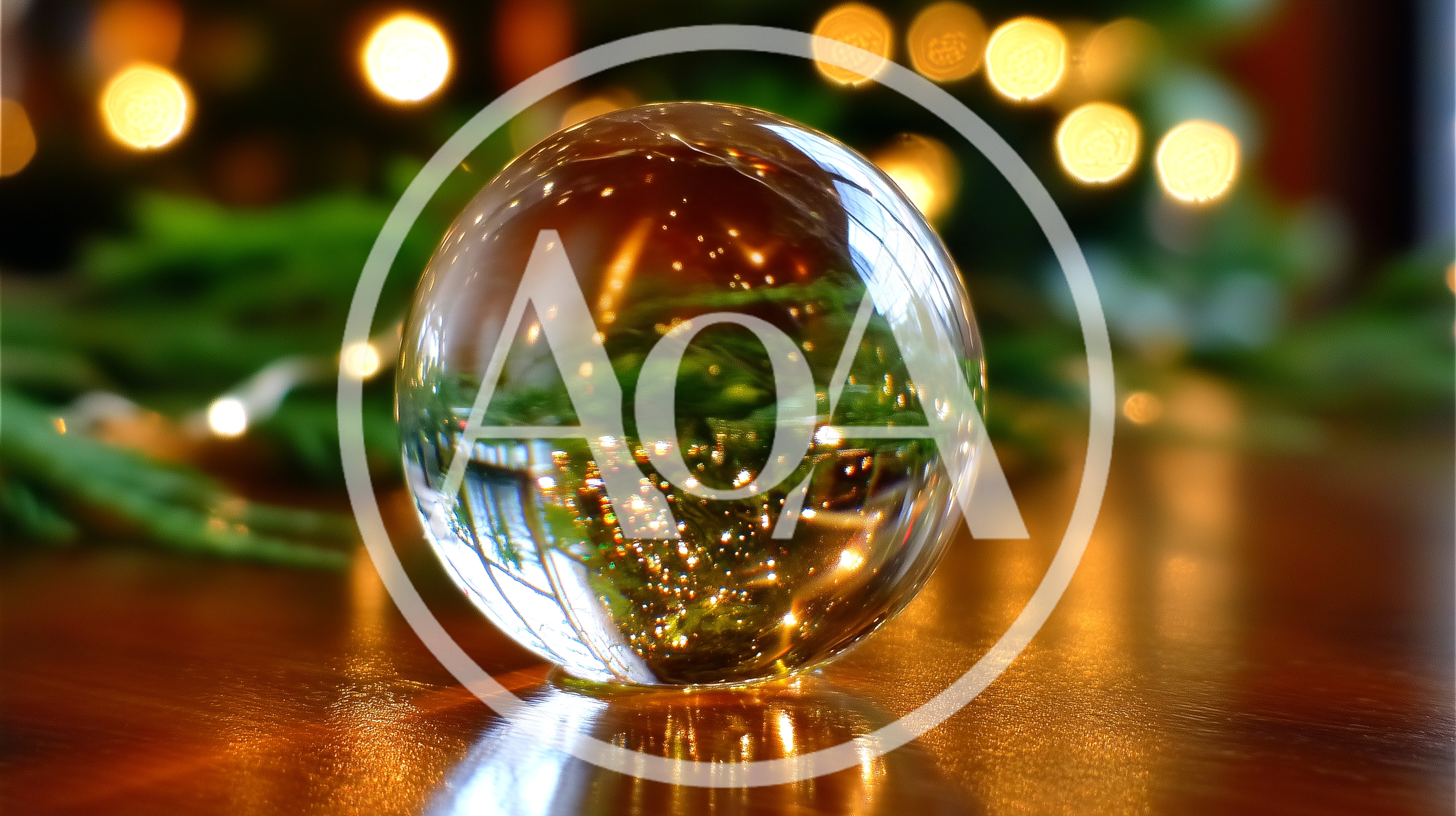 Crystal Ball Reflecting Christmas Lights and Pine Branches
