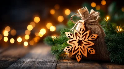 Wooden Snowflake Ornament On A Burlap Gift Bag