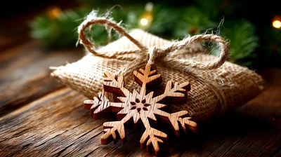 Wooden Snowflake Ornament On A Burlap Wrapped Gift