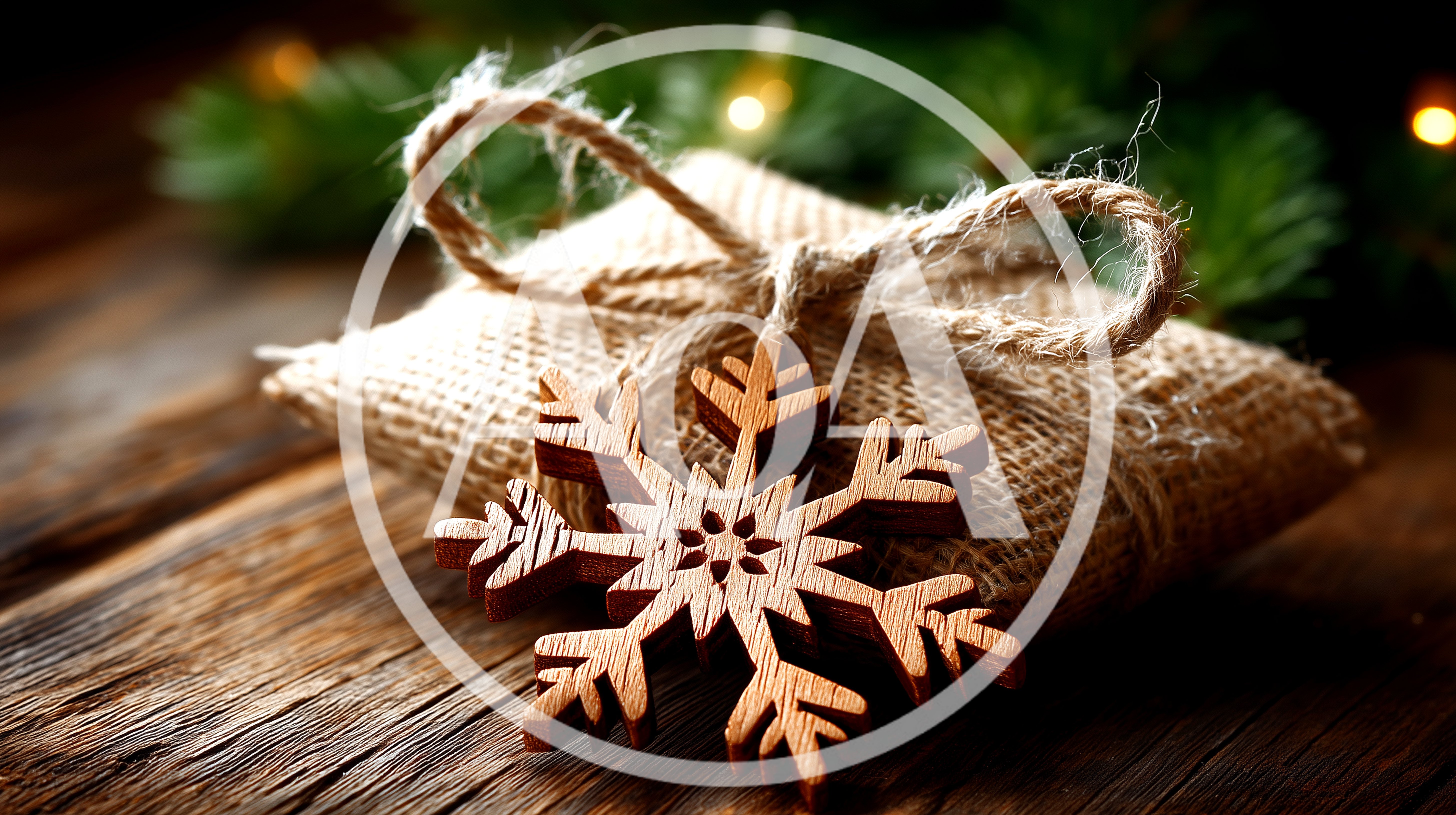 Wooden Snowflake Ornament On A Burlap Wrapped Gift