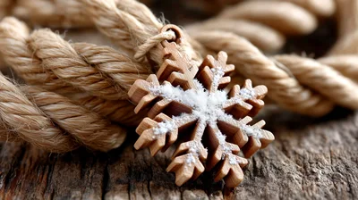 Wooden Snowflake Ornament Resting On Rustic Rope