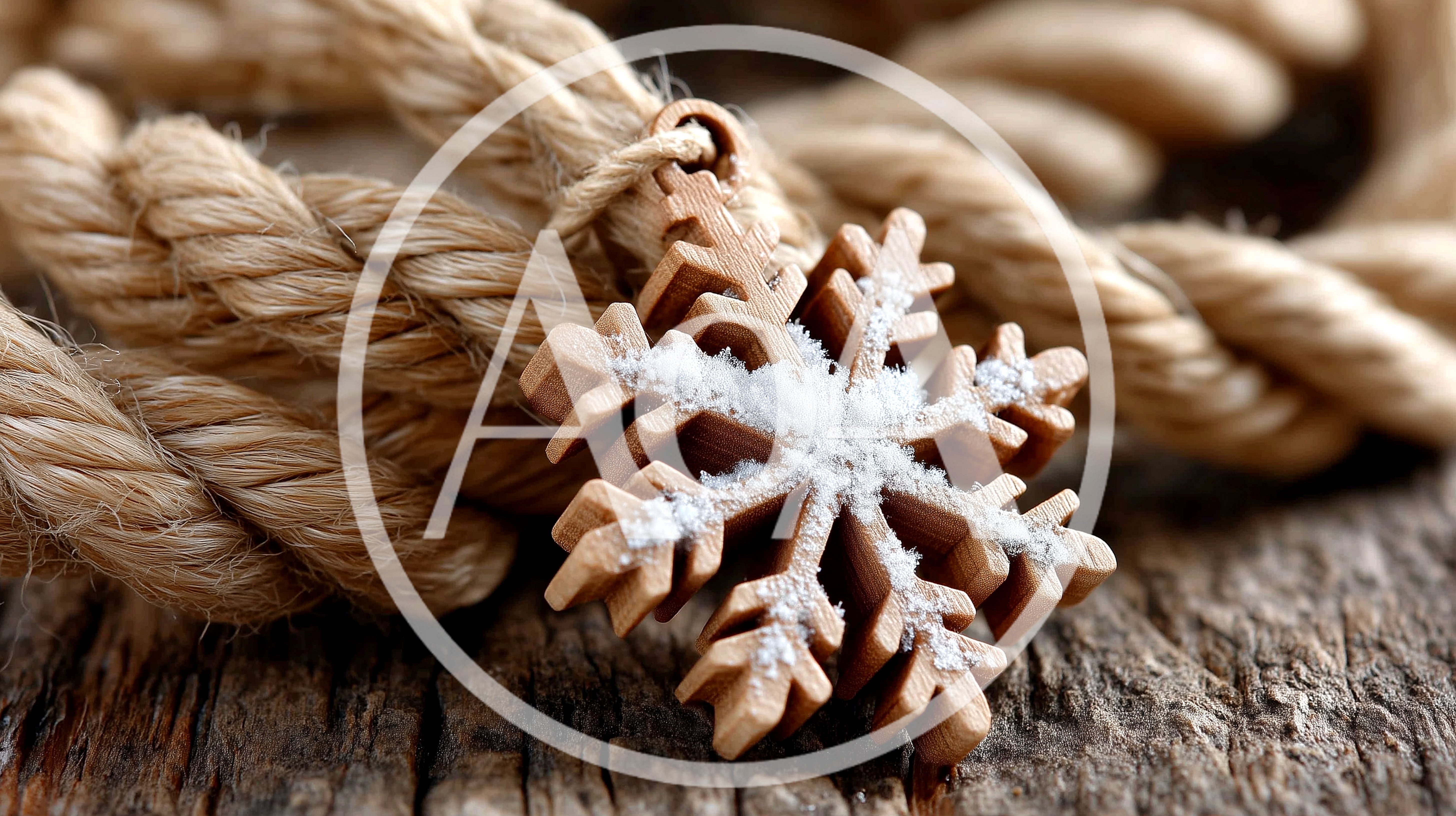 Wooden Snowflake Ornament Resting On Rustic Rope