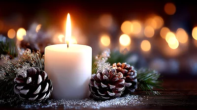 White Christmas Candle With Pine Cones And Bokeh Lights