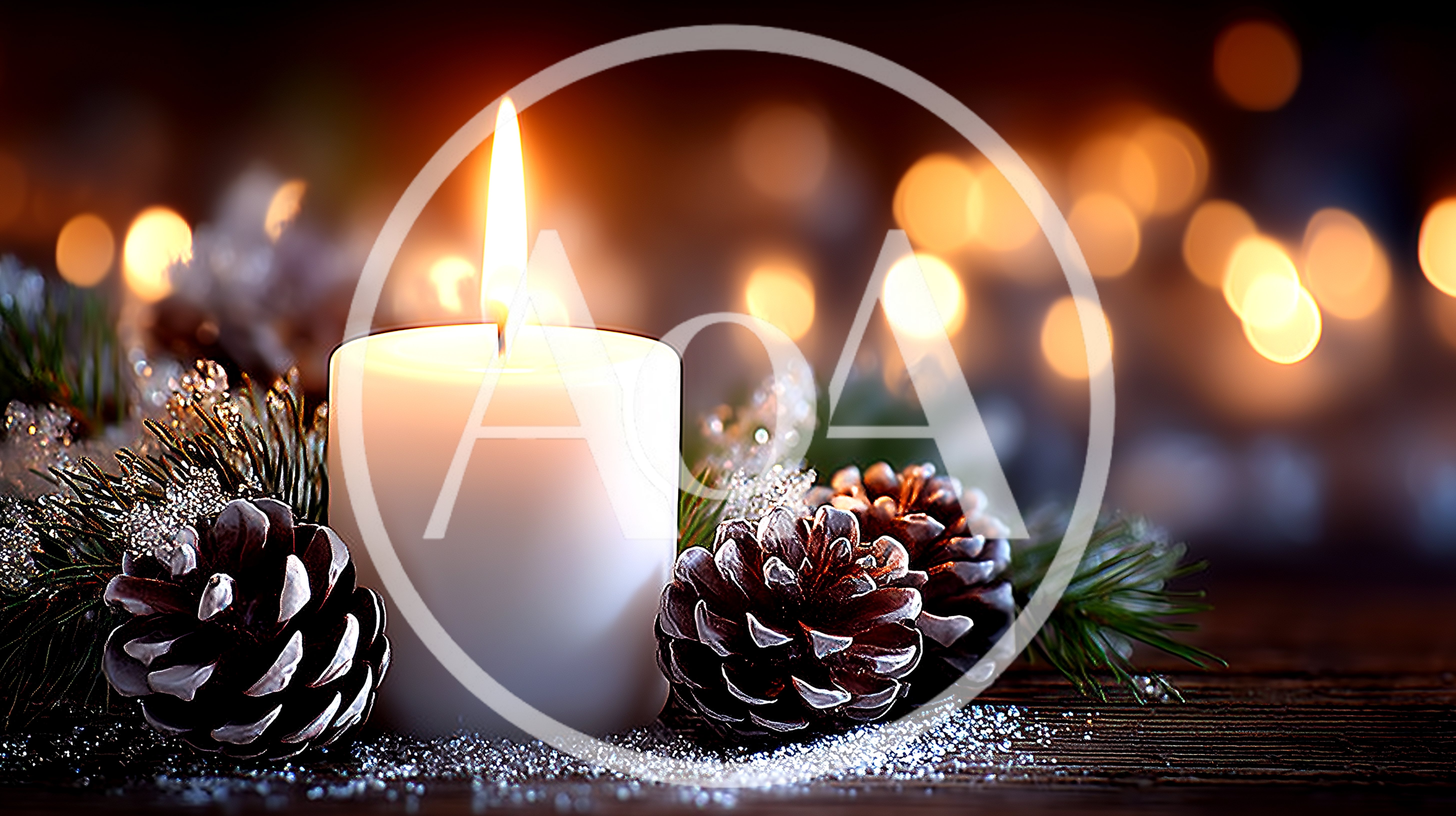 White Christmas Candle With Pine Cones And Bokeh Lights
